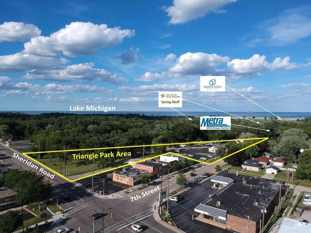 Aerial view of The Triangle redevelopment site at Sheridan Road and 7th Street, Winthrop Harbor