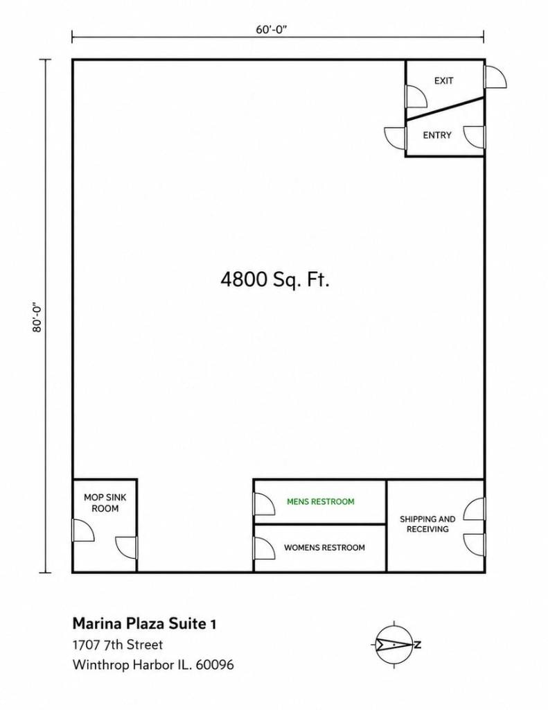 Marina Plaza Suite 1 floor plan — 4,800 sq ft, 60×80 ft, showing entry, exit, restrooms, mop sink room, and shipping and receiving