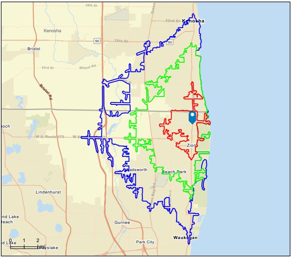 Drive time trade area map showing 10, 20, and 30-minute zones from Winthrop Harbor across the Illinois-Wisconsin lake corridor